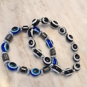 Pair of Evil Eye Bracelets and One Baby Pin with Pendants